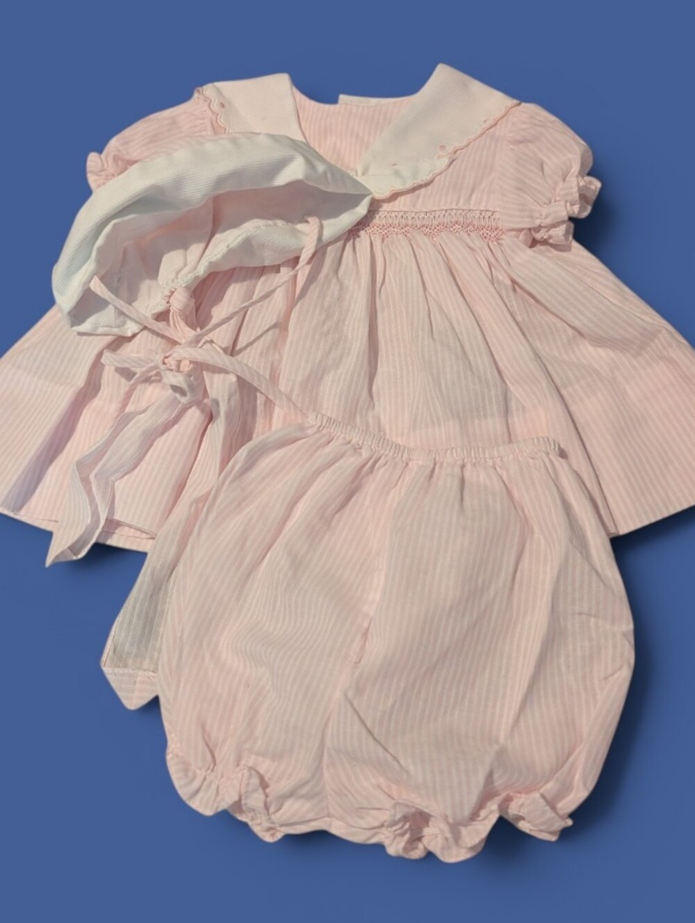 Vintage Carter's 3pc Pink‎ Seersucker Dress  Bonnet Set Nautical Smocked